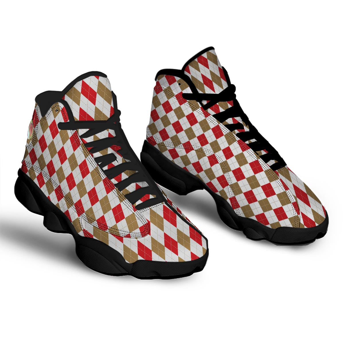 White Red And Beige Argyle Print Pattern Black Basketball Shoes-grizzshop