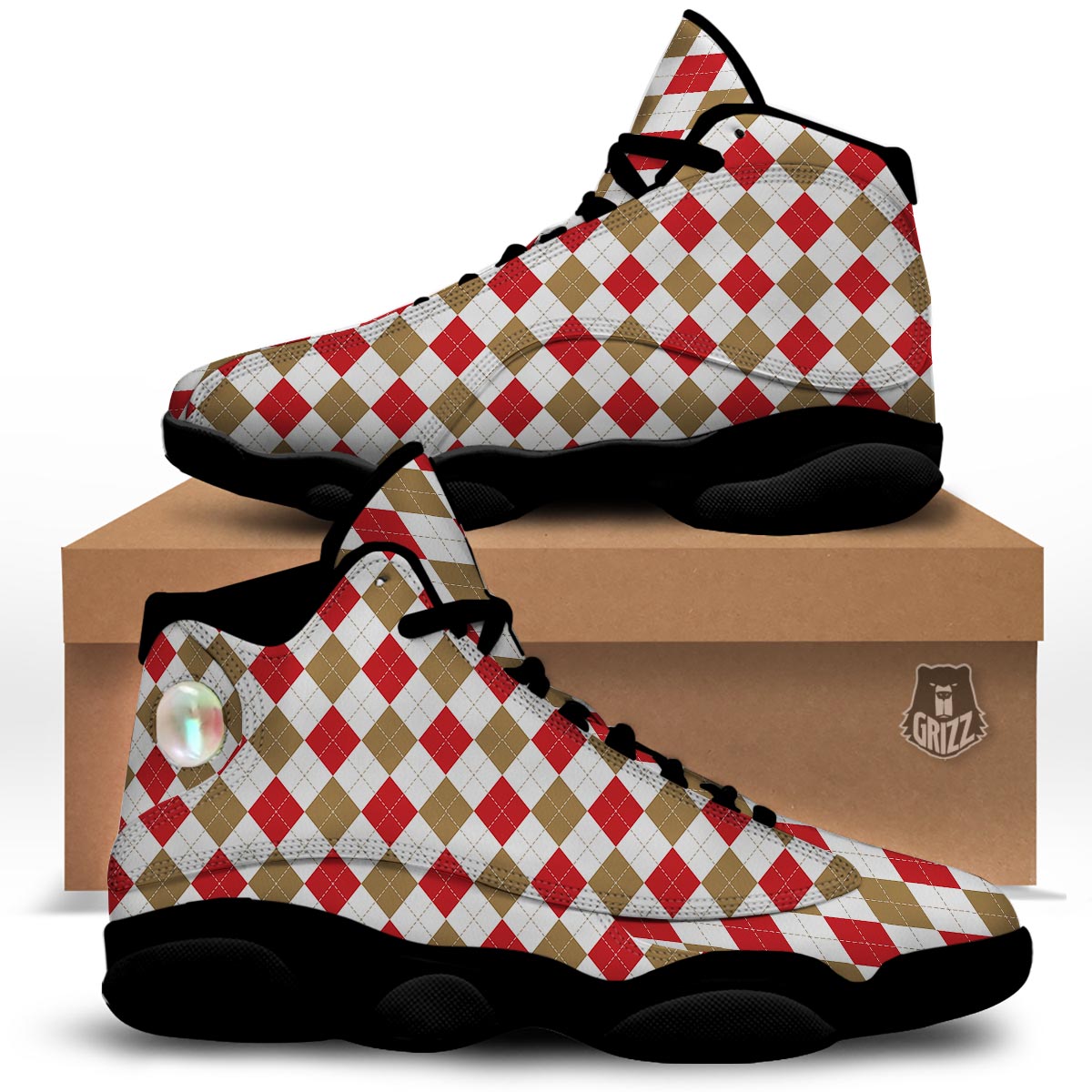 White Red And Beige Argyle Print Pattern Black Basketball Shoes-grizzshop