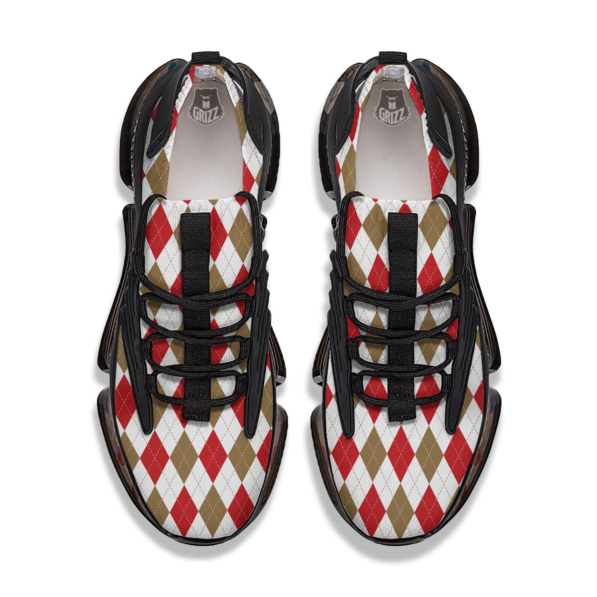 White Red And Beige Argyle Print Pattern Black Gym Shoes-grizzshop