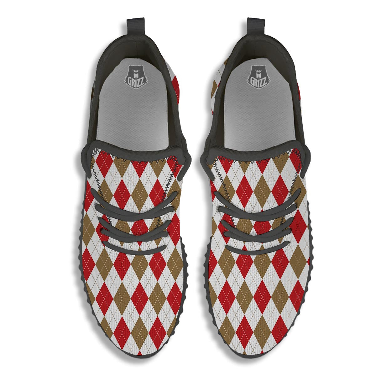 White Red And Beige Argyle Print Pattern Black Walking Shoes-grizzshop
