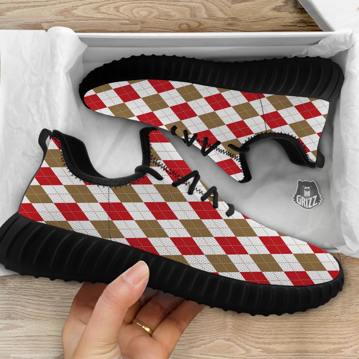 White Red And Beige Argyle Print Pattern Black Walking Shoes-grizzshop