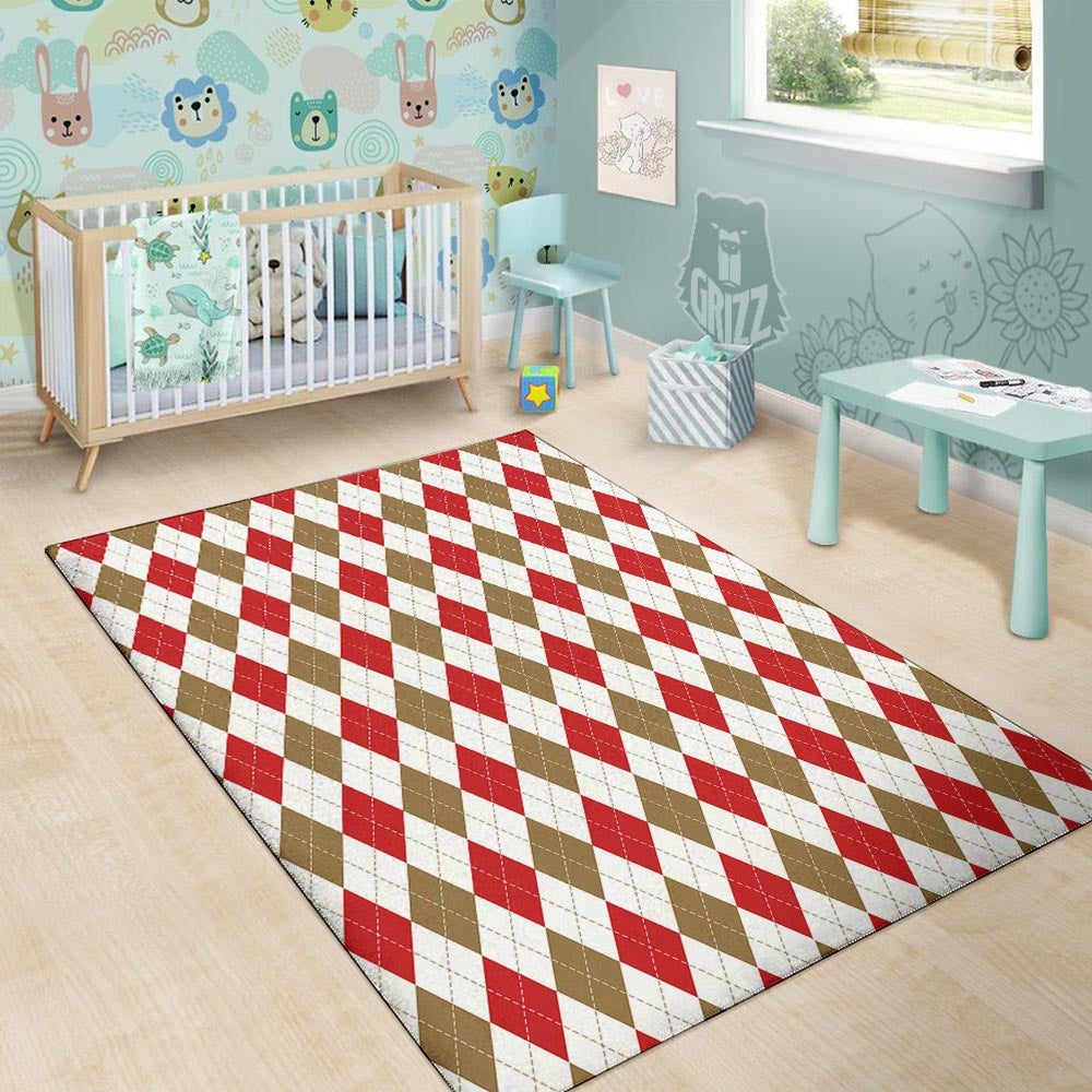 White Red And Beige Argyle Print Pattern Floor Mat-grizzshop