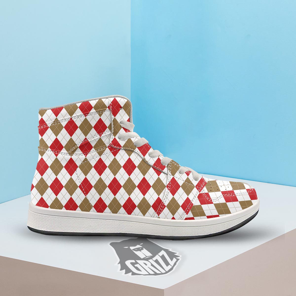 White Red And Beige Argyle Print Pattern High Top Sneakers-grizzshop