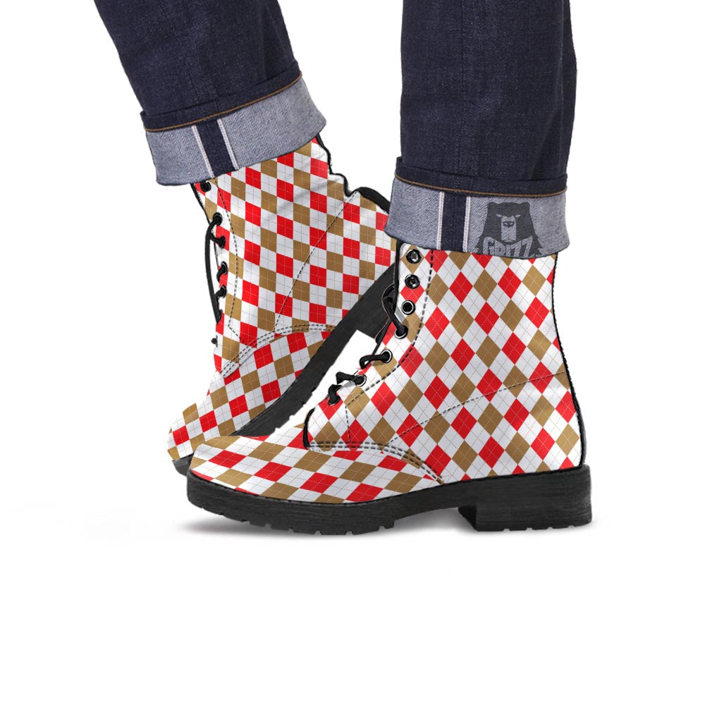 White Red And Beige Argyle Print Pattern Leather Boots-grizzshop