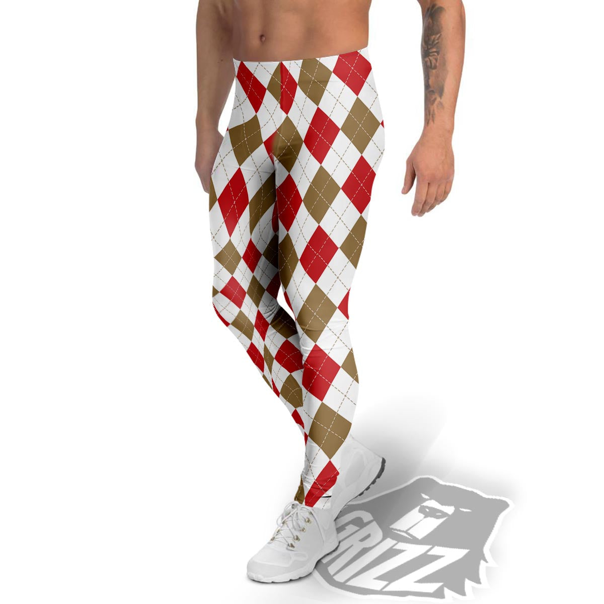 White Red And Beige Argyle Print Pattern Men's Leggings-grizzshop