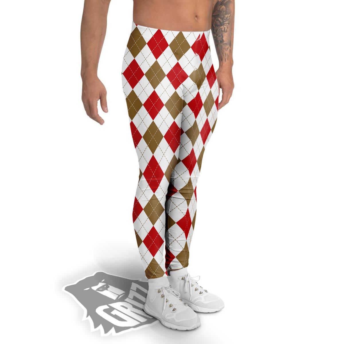 White Red And Beige Argyle Print Pattern Men's Leggings-grizzshop