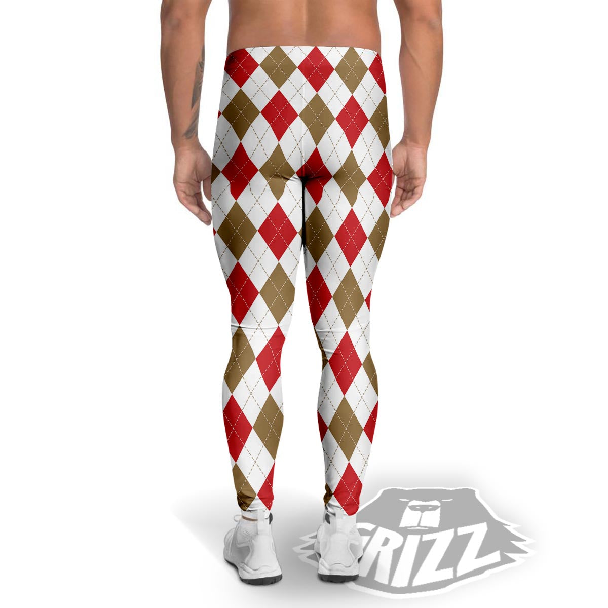 White Red And Beige Argyle Print Pattern Men's Leggings-grizzshop