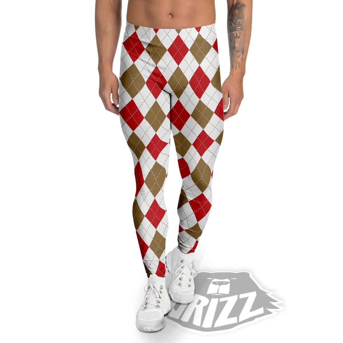 White Red And Beige Argyle Print Pattern Men's Leggings-grizzshop