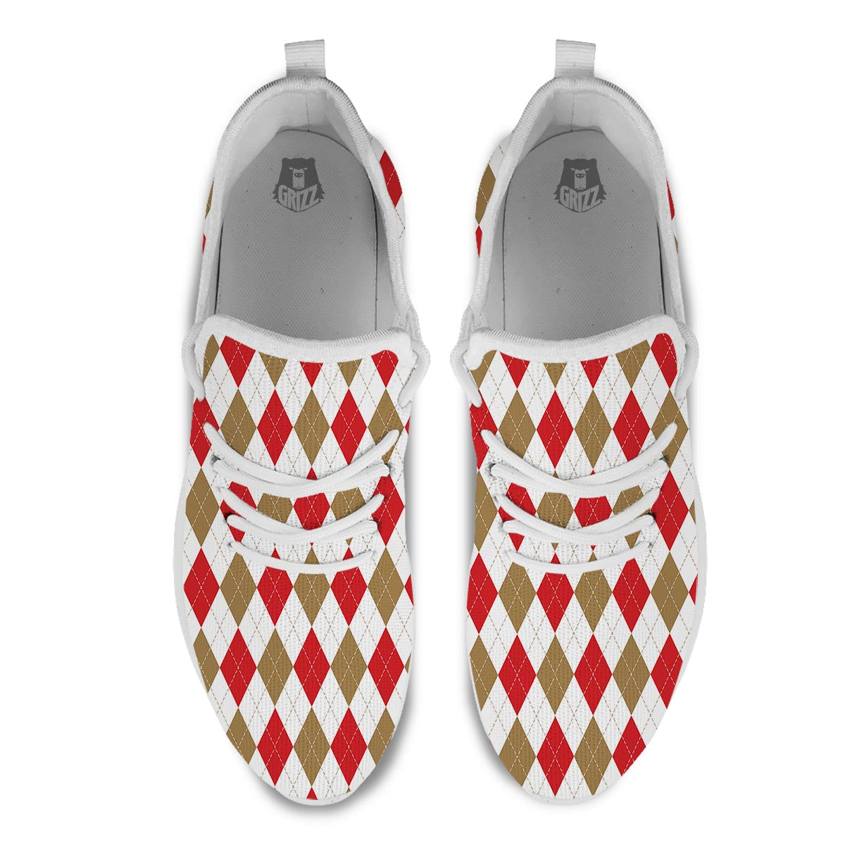 White Red And Beige Argyle Print Pattern White Athletic Shoes-grizzshop