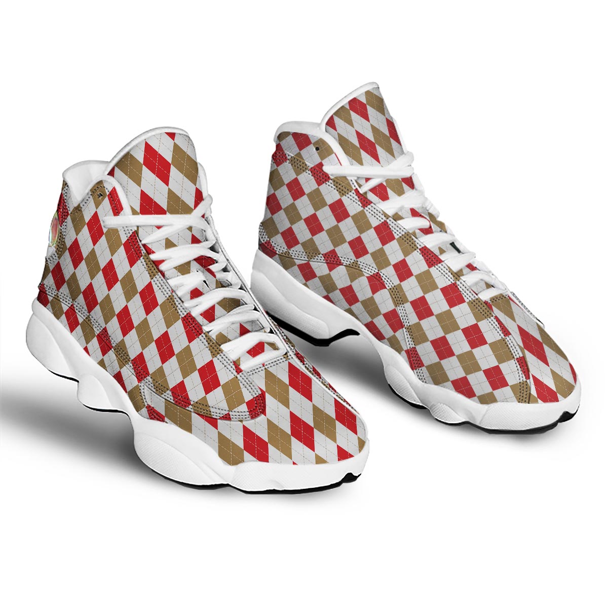 White Red And Beige Argyle Print Pattern White Basketball Shoes-grizzshop