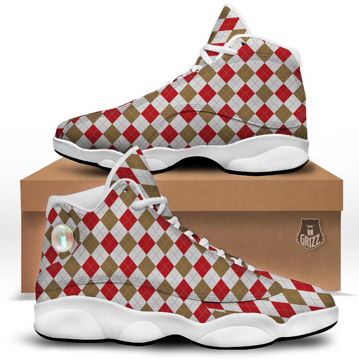 White Red And Beige Argyle Print Pattern White Basketball Shoes-grizzshop