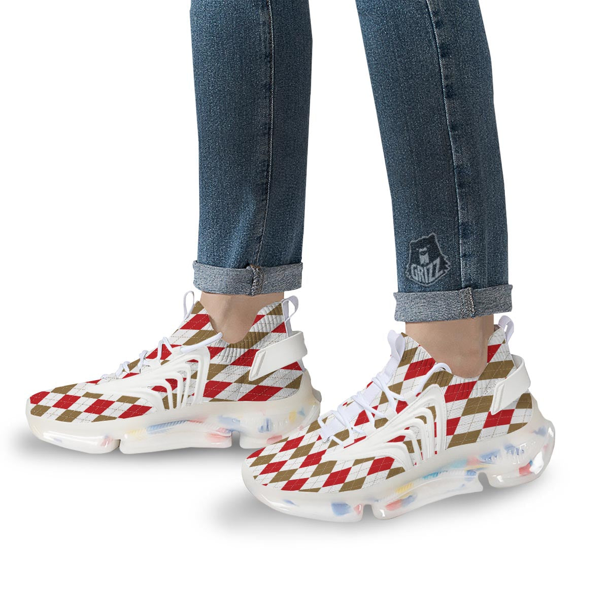 White Red And Beige Argyle Print Pattern White Gym Shoes-grizzshop