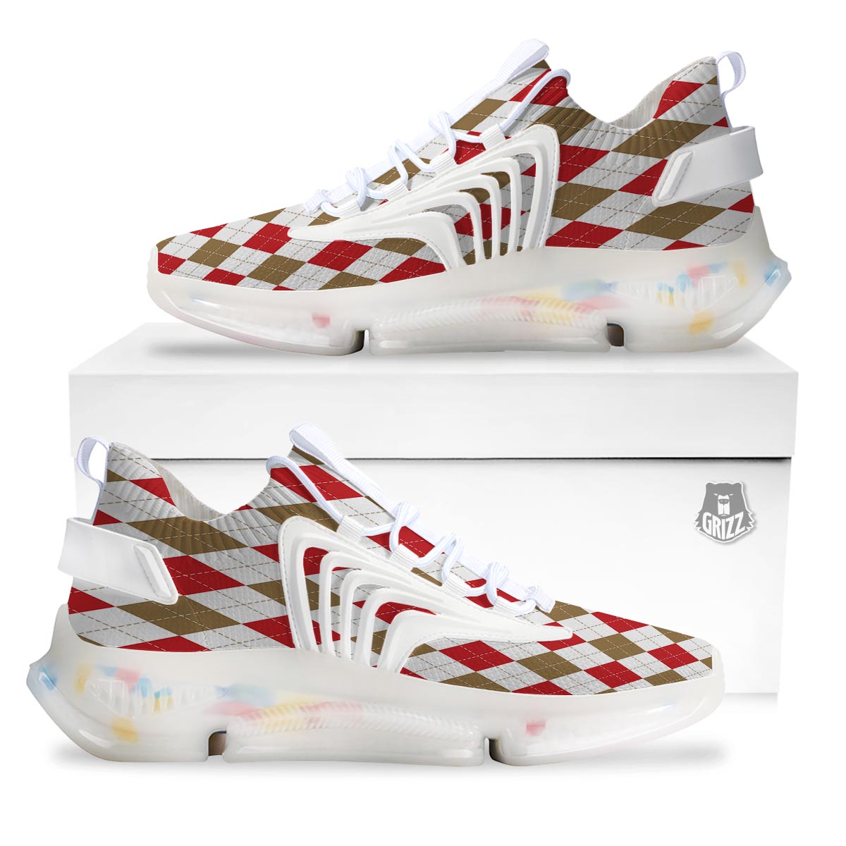 White Red And Beige Argyle Print Pattern White Gym Shoes-grizzshop