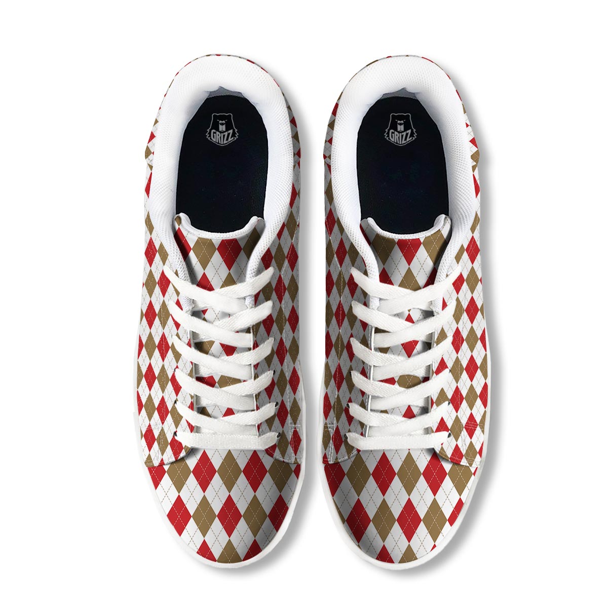 White Red And Beige Argyle Print Pattern White Low Top Sneakers-grizzshop