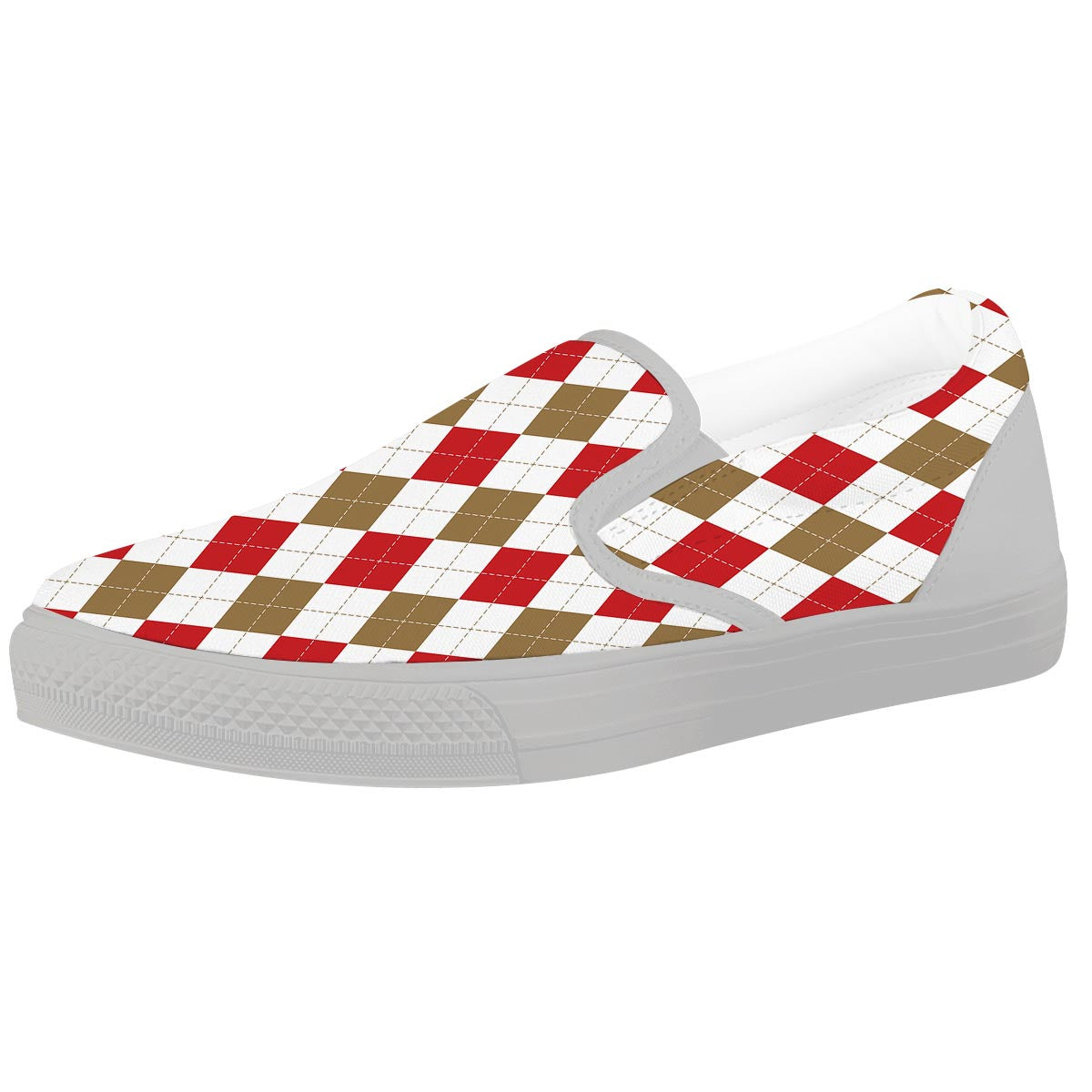 White Red And Beige Argyle Print Pattern White Slip On Shoes-grizzshop