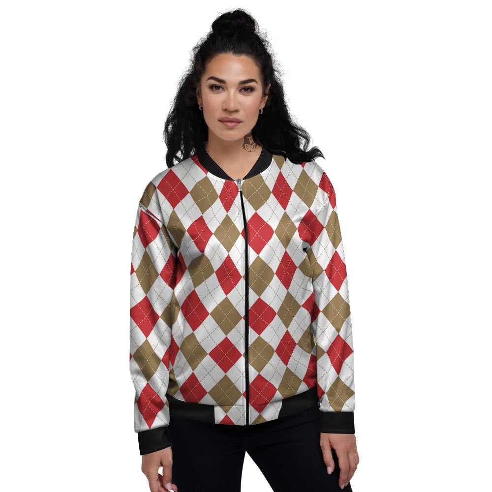 White Red And Beige Argyle Print Pattern Women's Bomber Jacket-grizzshop