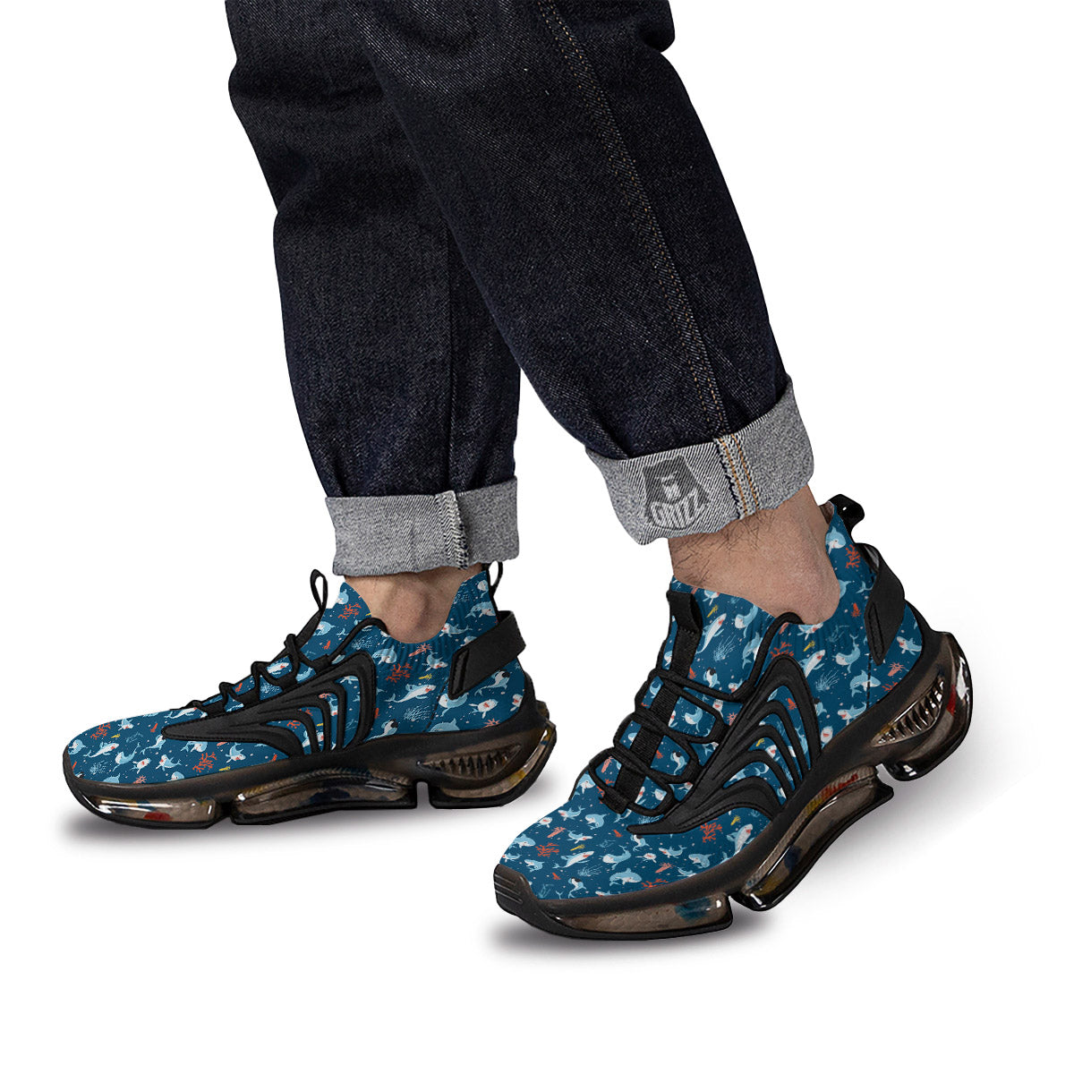 White Shark Cartoon Print Pattern Black Gym Shoes-grizzshop