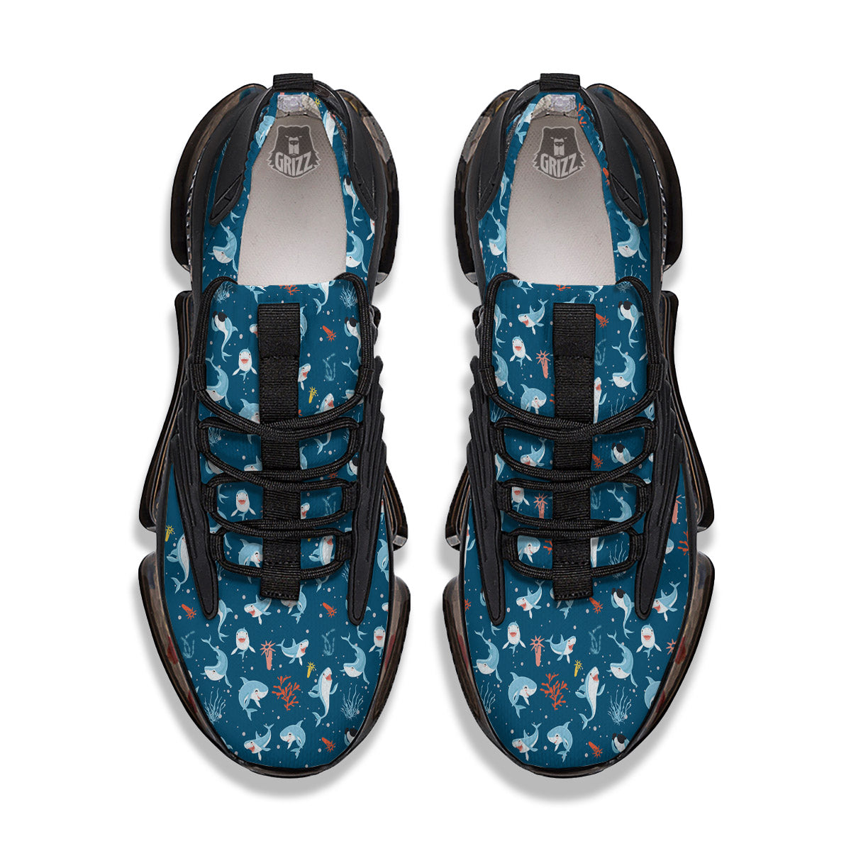White Shark Cartoon Print Pattern Black Gym Shoes-grizzshop