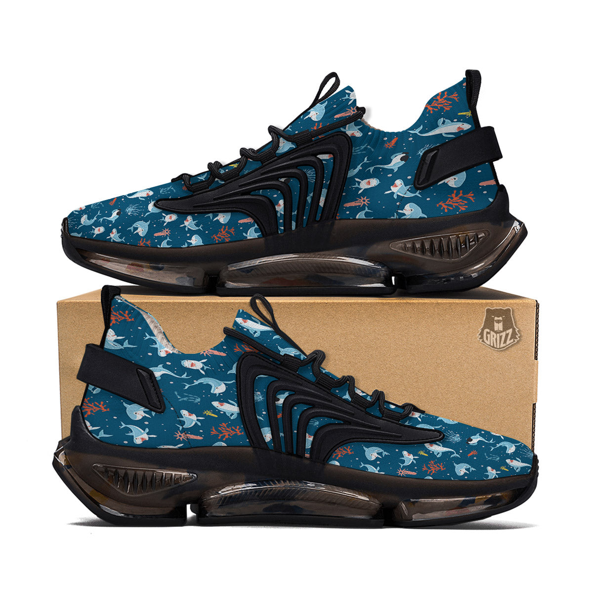 White Shark Cartoon Print Pattern Black Gym Shoes-grizzshop