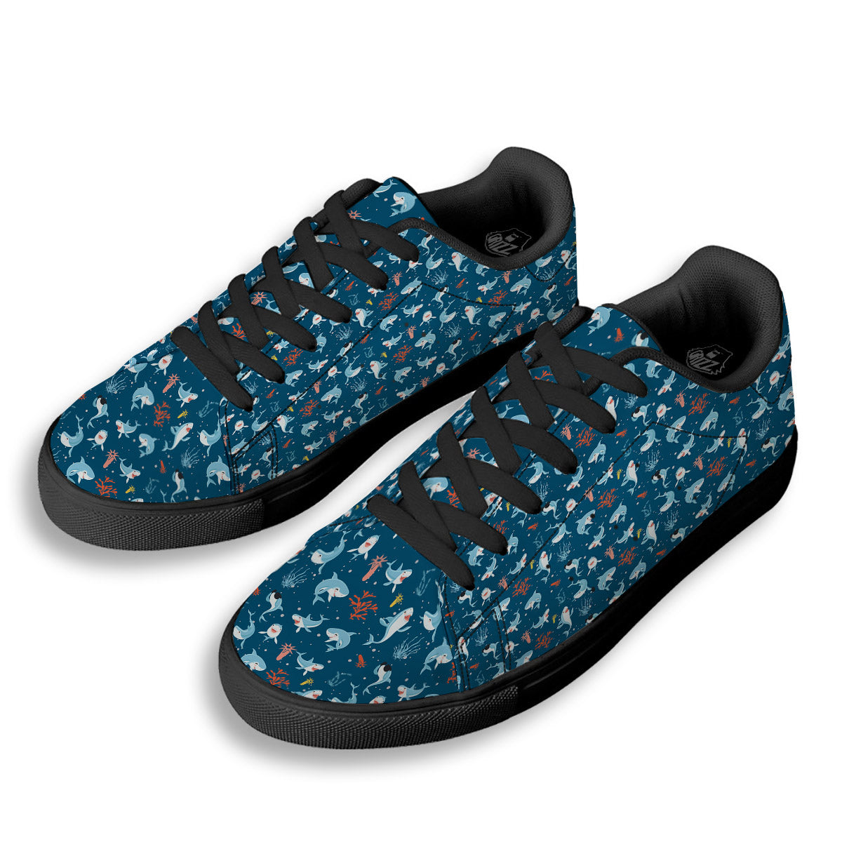 White Shark Cartoon Print Pattern Black Low Top Sneakers-grizzshop