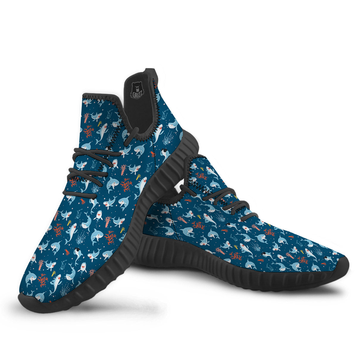 White Shark Cartoon Print Pattern Black Walking Shoes-grizzshop