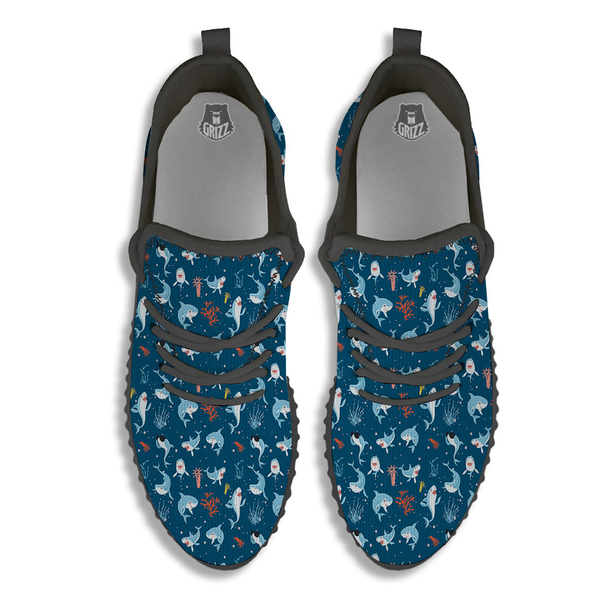 White Shark Cartoon Print Pattern Black Walking Shoes-grizzshop