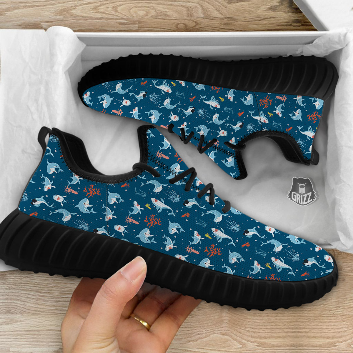 White Shark Cartoon Print Pattern Black Walking Shoes-grizzshop