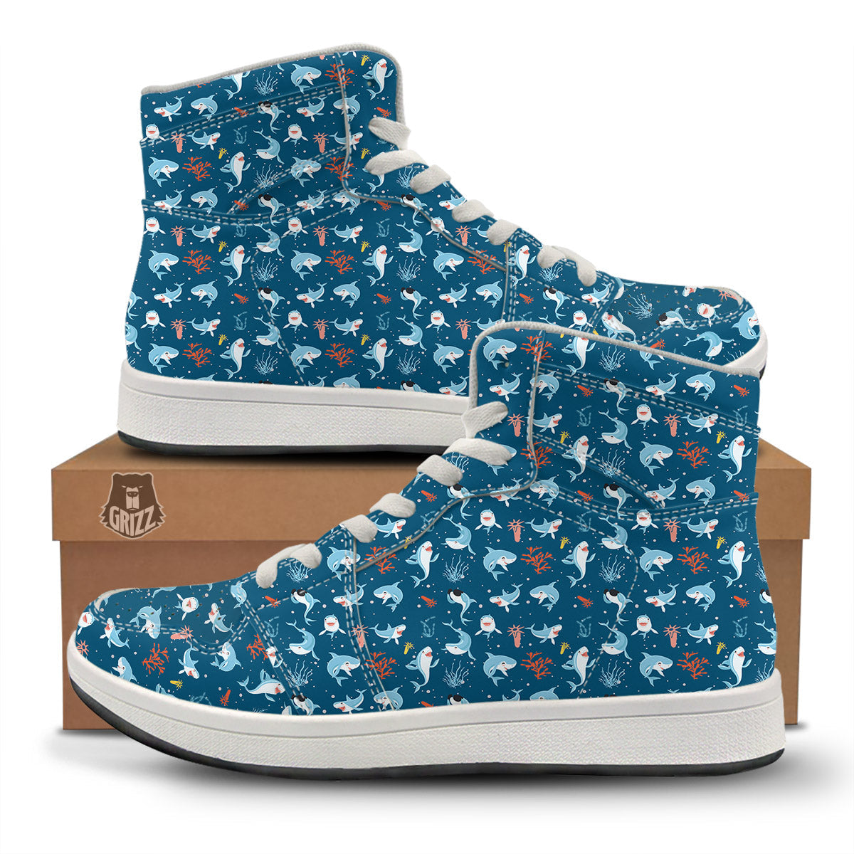 White Shark Cartoon Print Pattern High Top Sneakers-grizzshop