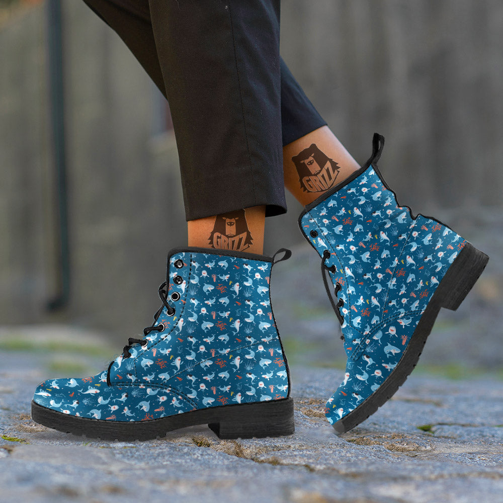 White Shark Cartoon Print Pattern Leather Boots-grizzshop