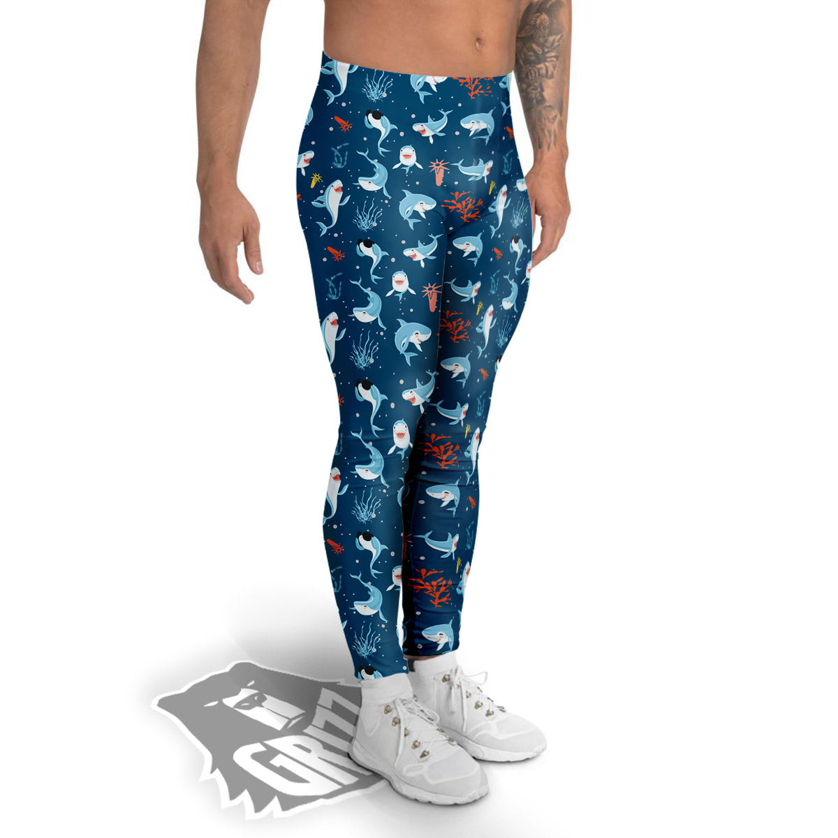 White Shark Cartoon Print Pattern Men's Leggings-grizzshop