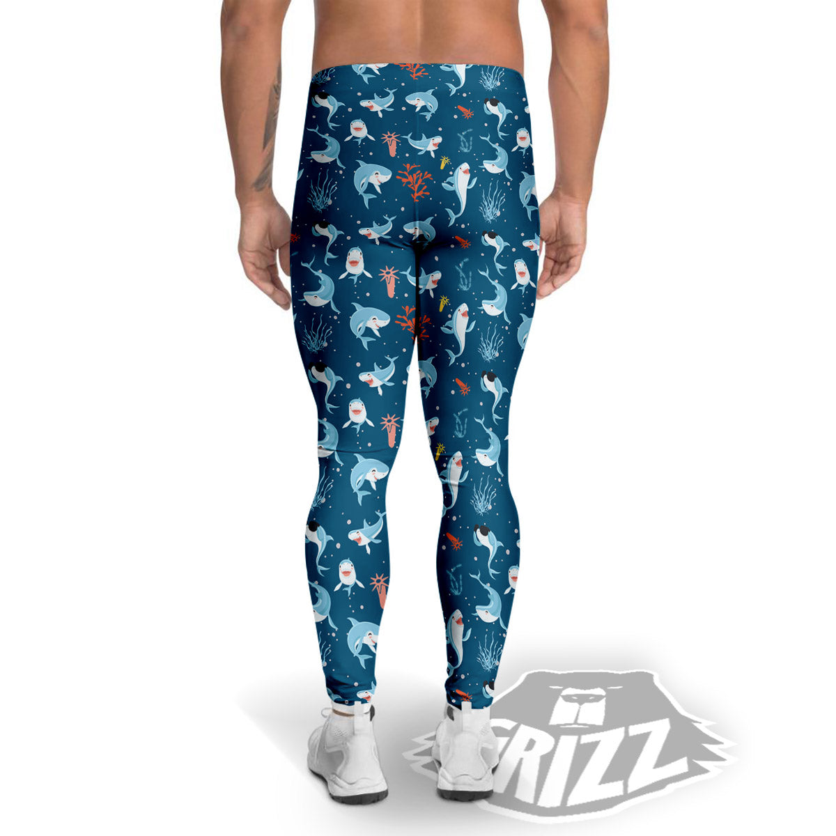 White Shark Cartoon Print Pattern Men's Leggings-grizzshop