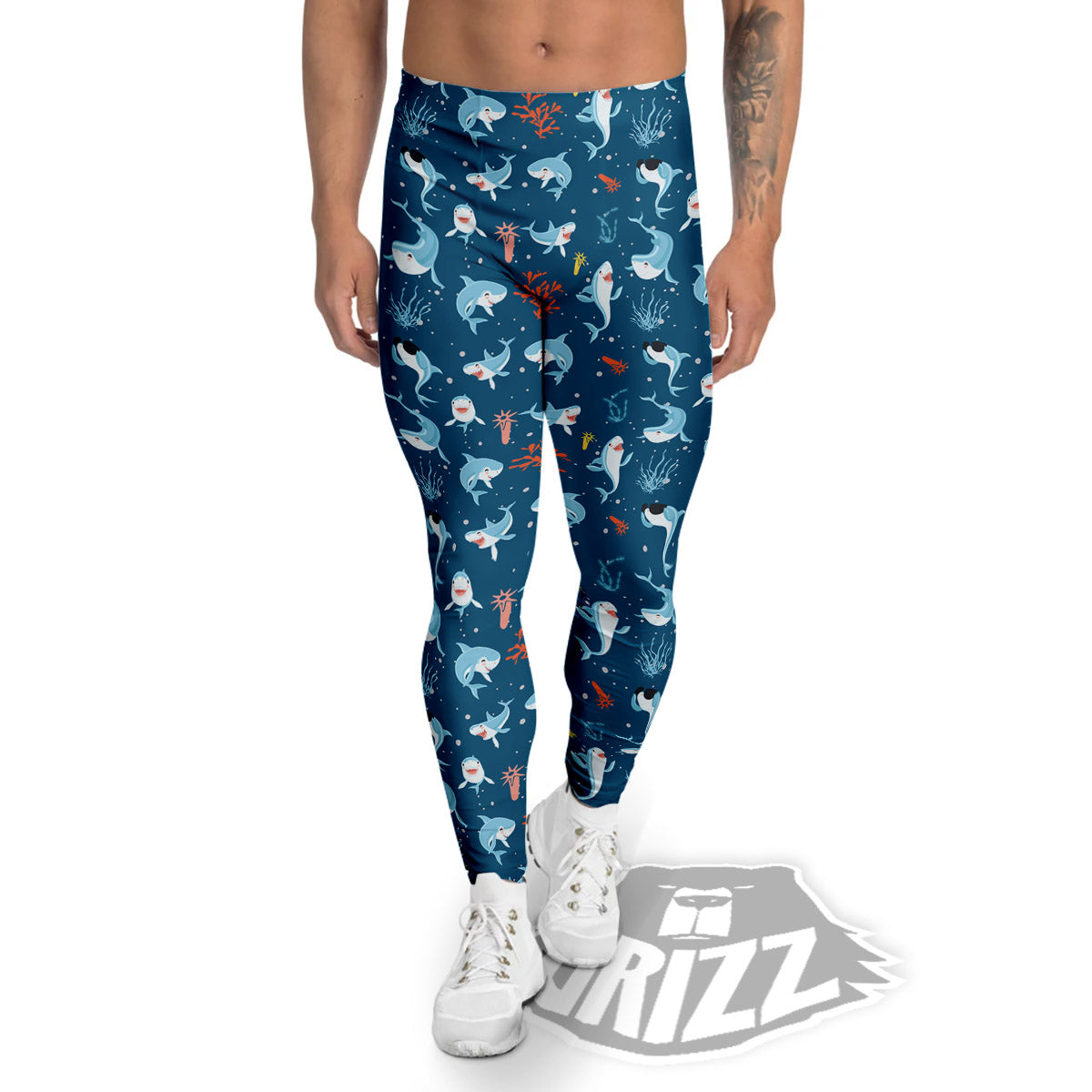 White Shark Cartoon Print Pattern Men's Leggings-grizzshop