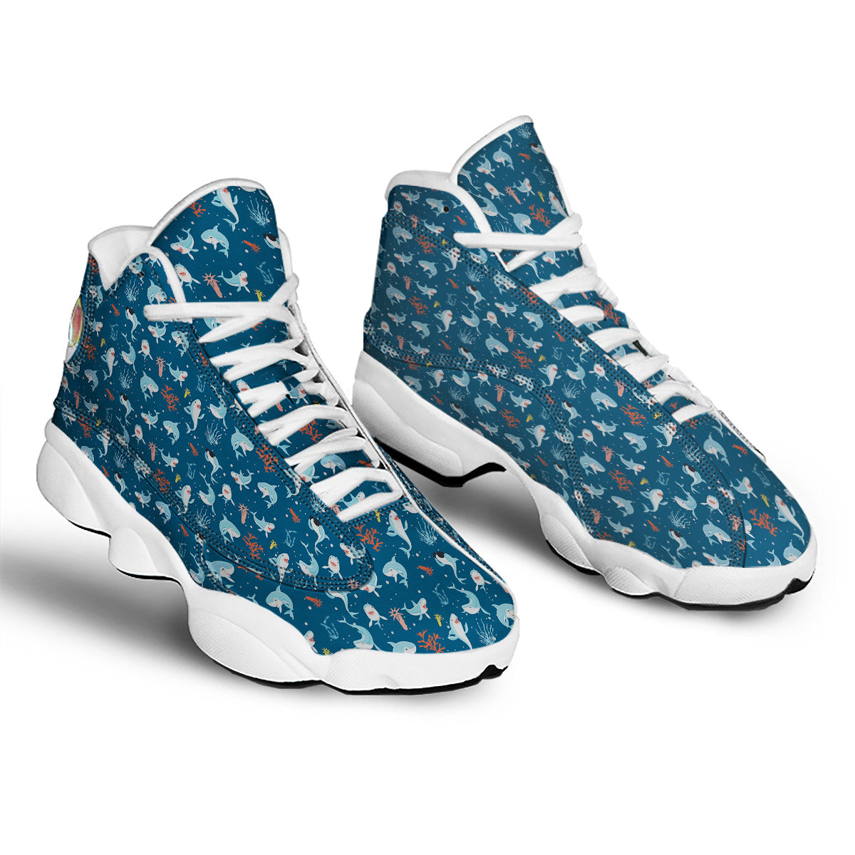 White Shark Cartoon Print Pattern White Basketball Shoes-grizzshop