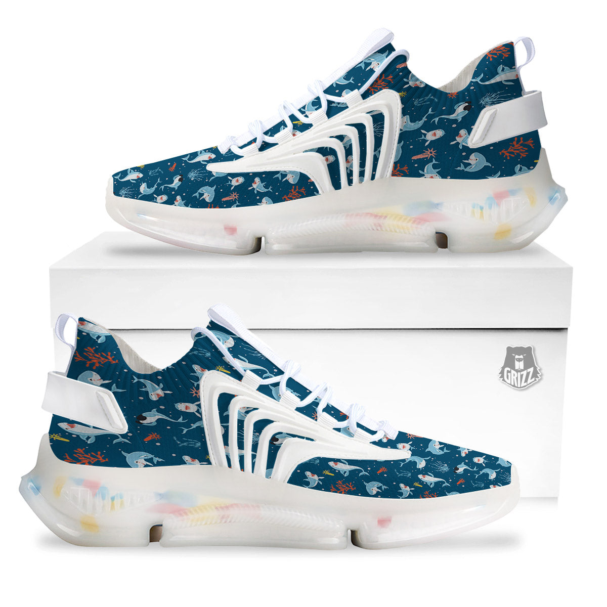 White Shark Cartoon Print Pattern White Gym Shoes-grizzshop