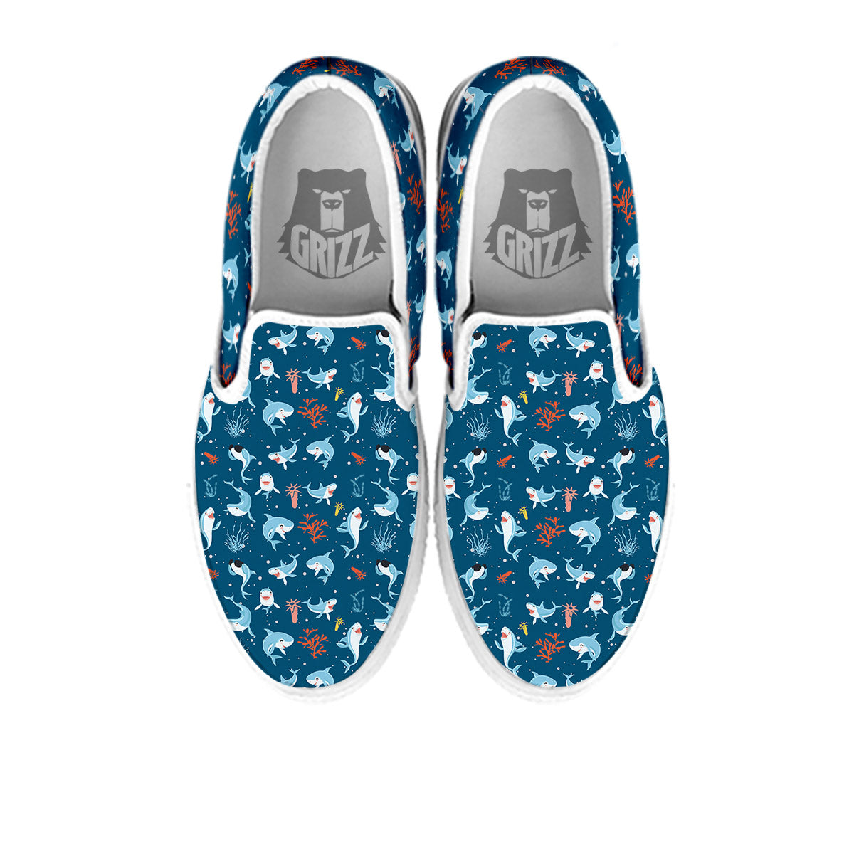 White Shark Cartoon Print Pattern White Slip On Shoes-grizzshop
