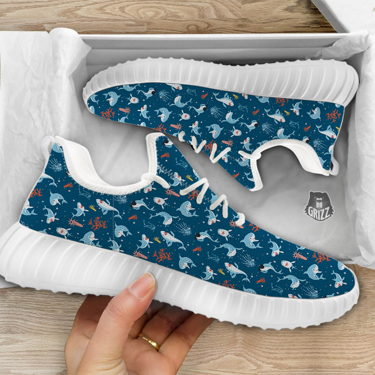 White Shark Cartoon Print Pattern White Walking Shoes-grizzshop