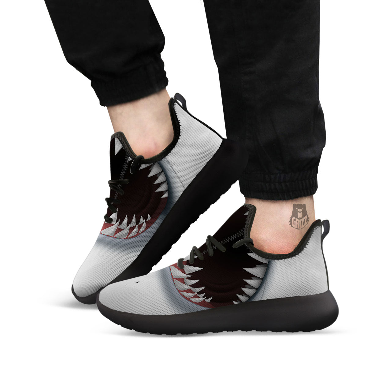 White Shark Open Mouth Print Black Athletic Shoes-grizzshop