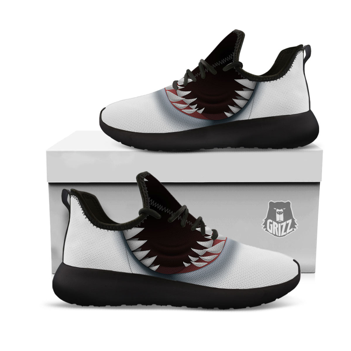 White Shark Open Mouth Print Black Athletic Shoes-grizzshop