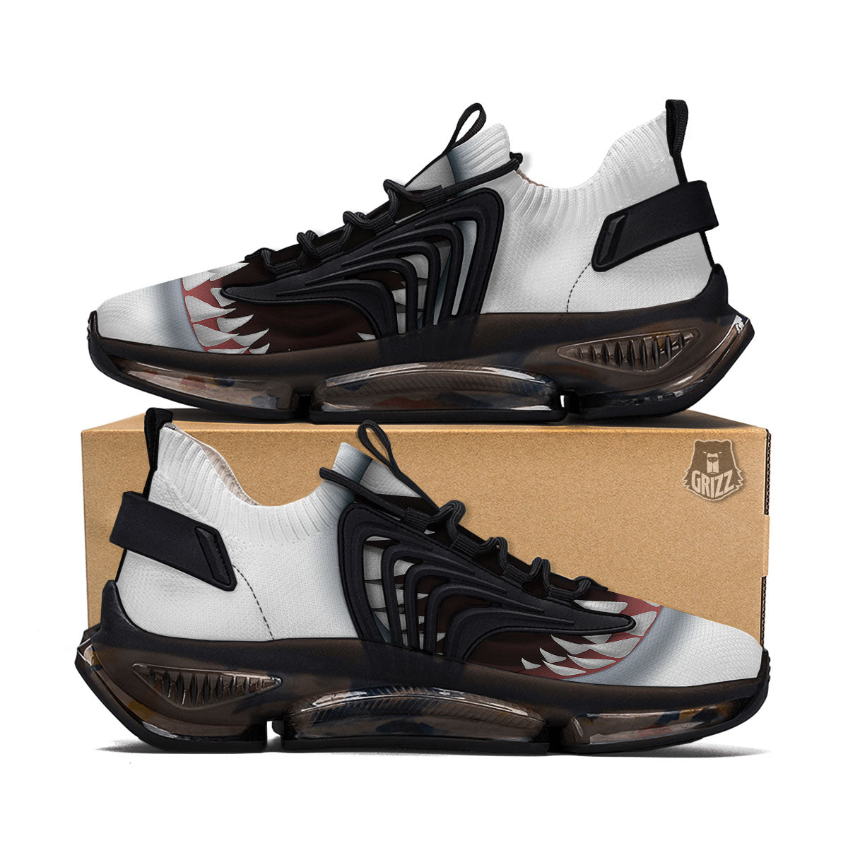 White Shark Open Mouth Print Black Gym Shoes-grizzshop