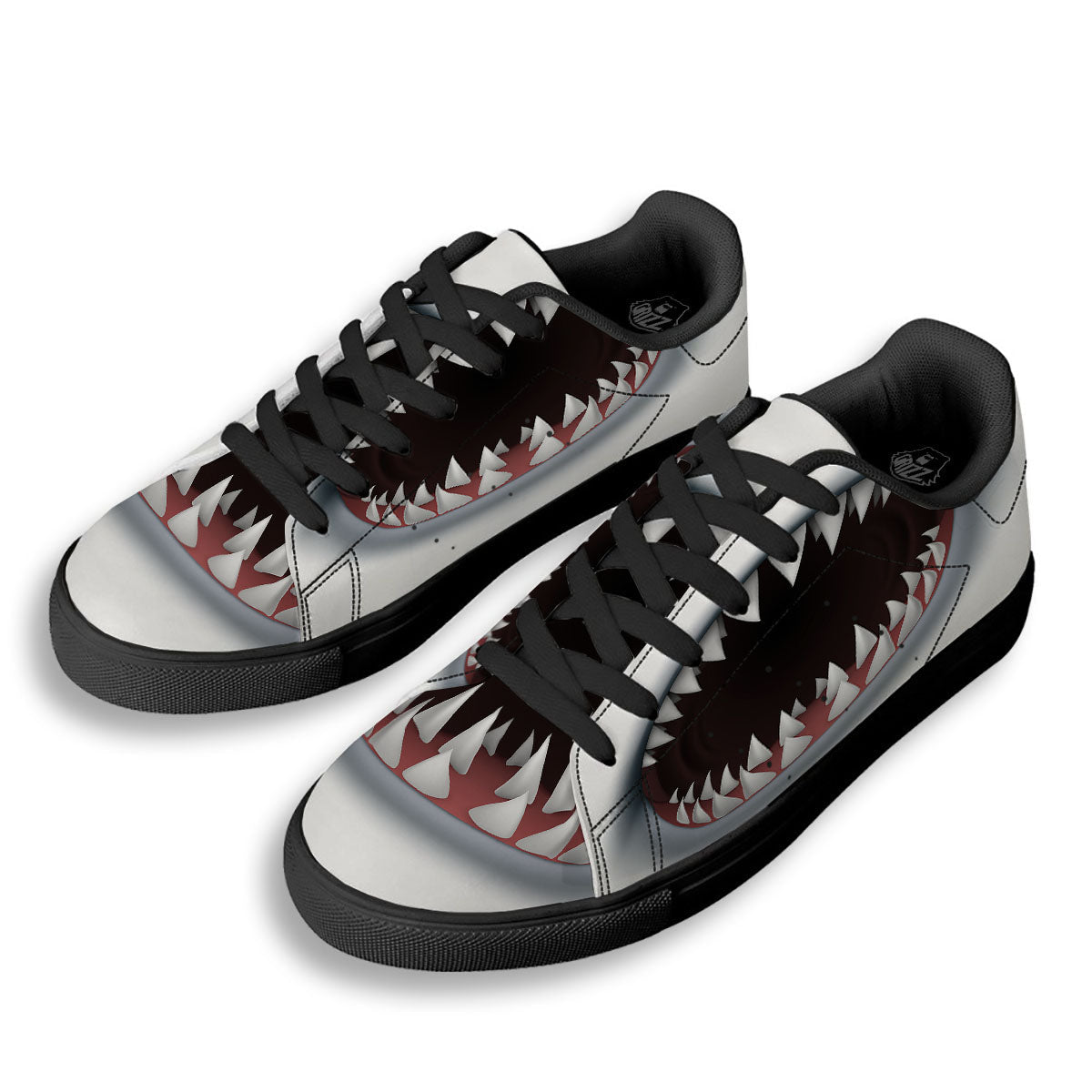 White Shark Open Mouth Print Black Low Top Sneakers-grizzshop