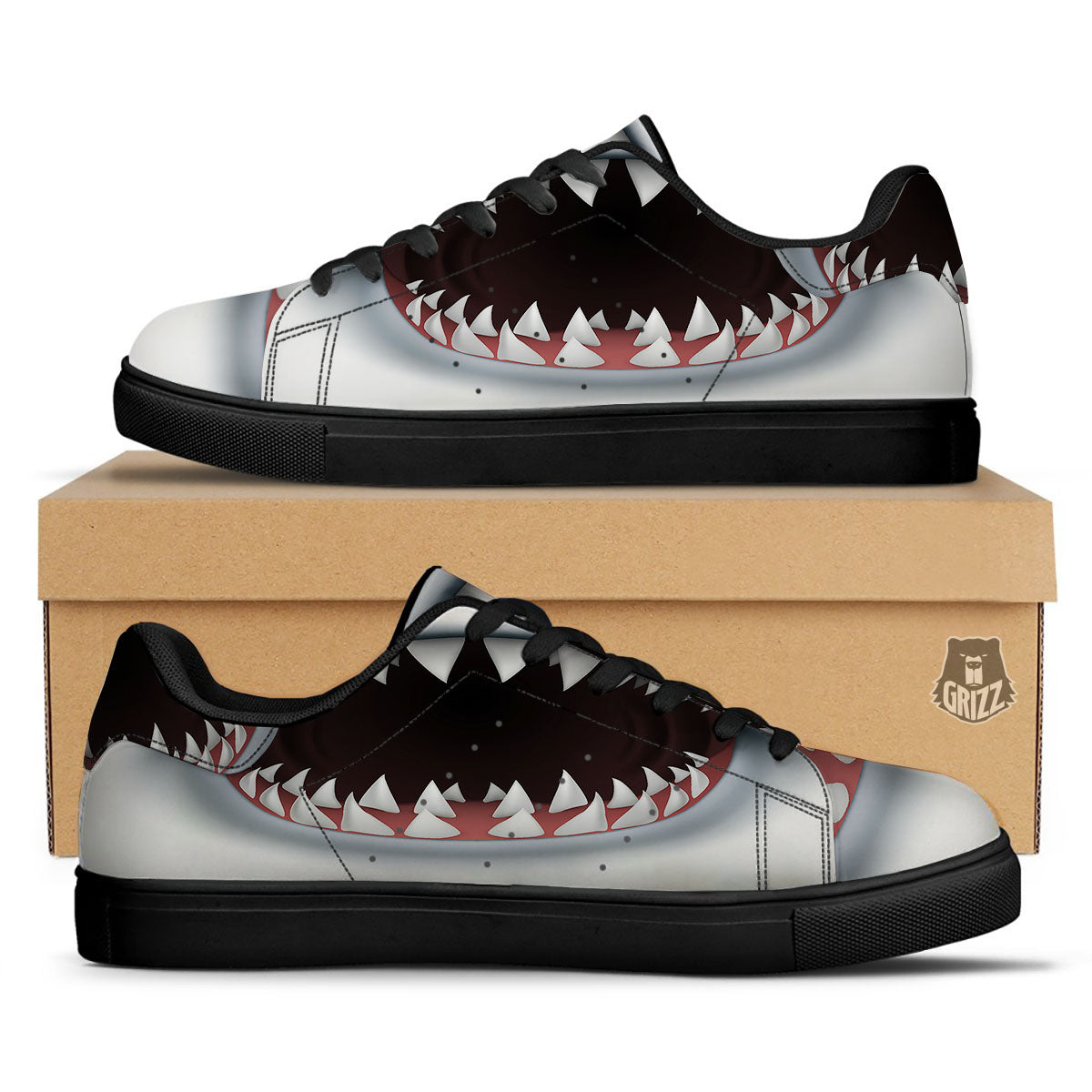 White Shark Open Mouth Print Black Low Top Sneakers-grizzshop