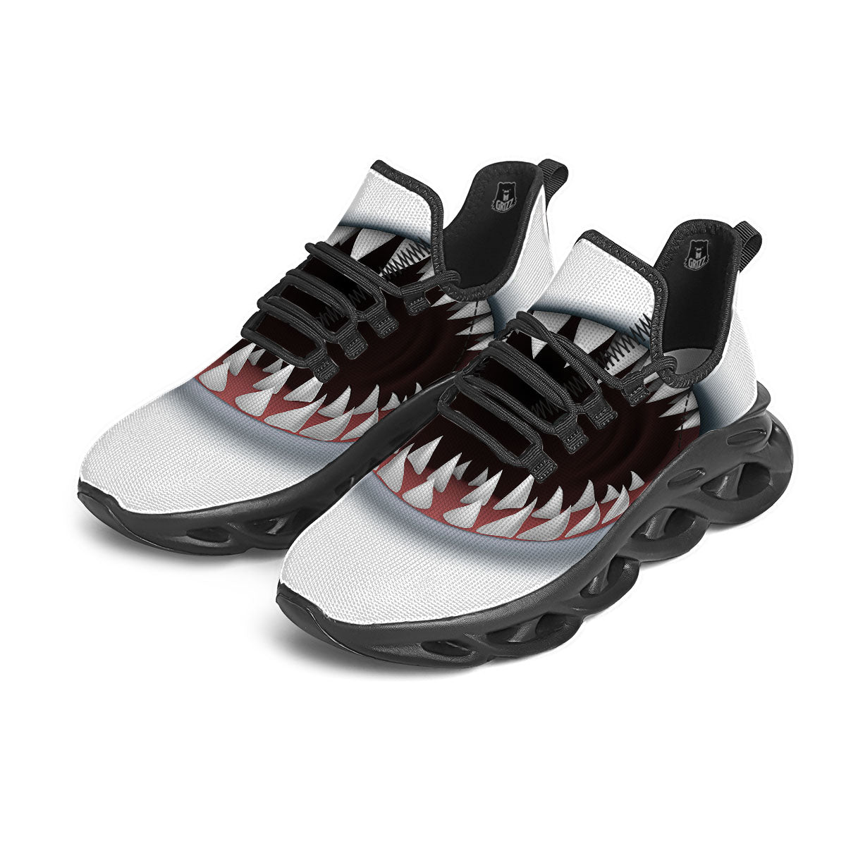 White Shark Open Mouth Print Black Running Shoes-grizzshop