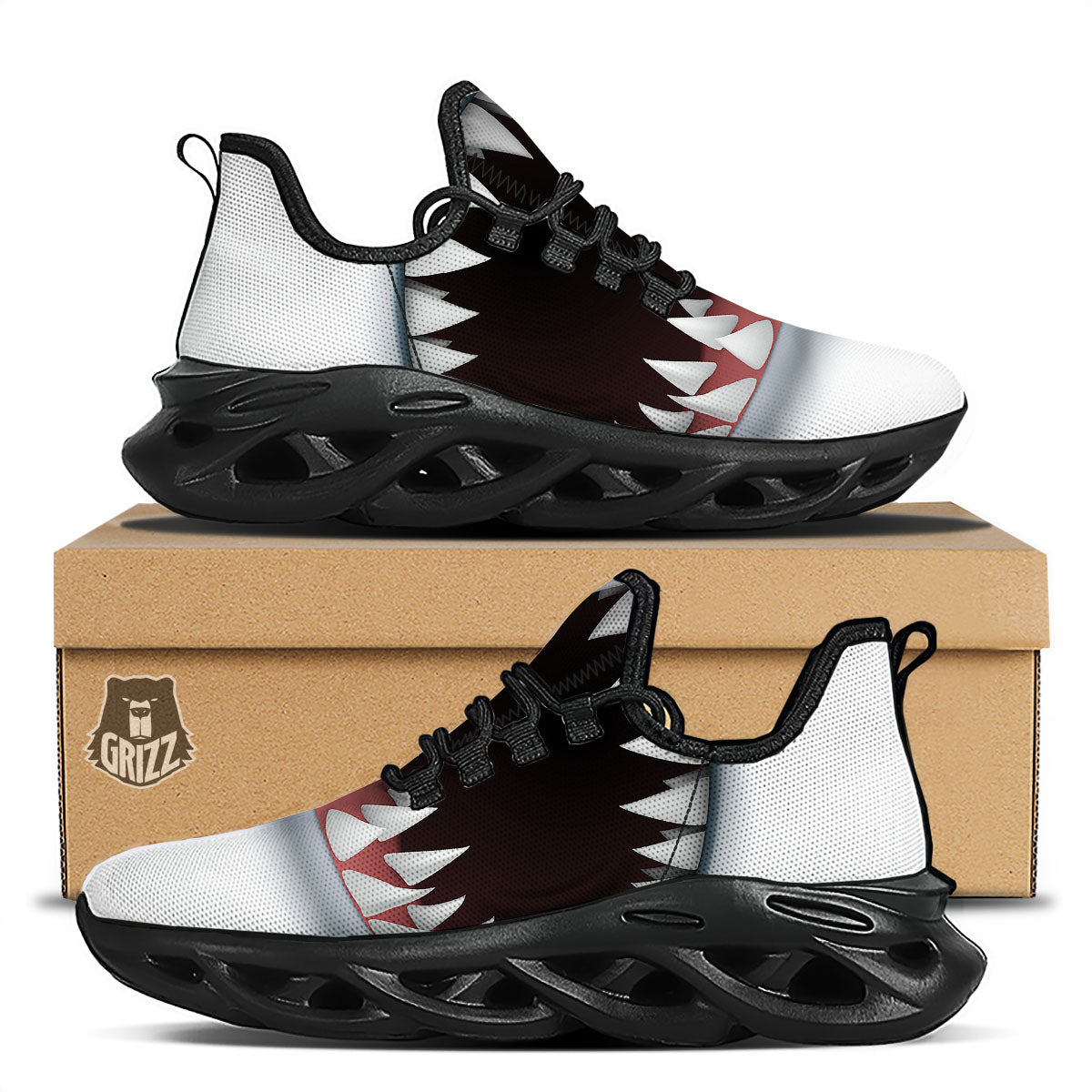 White Shark Open Mouth Print Black Running Shoes-grizzshop