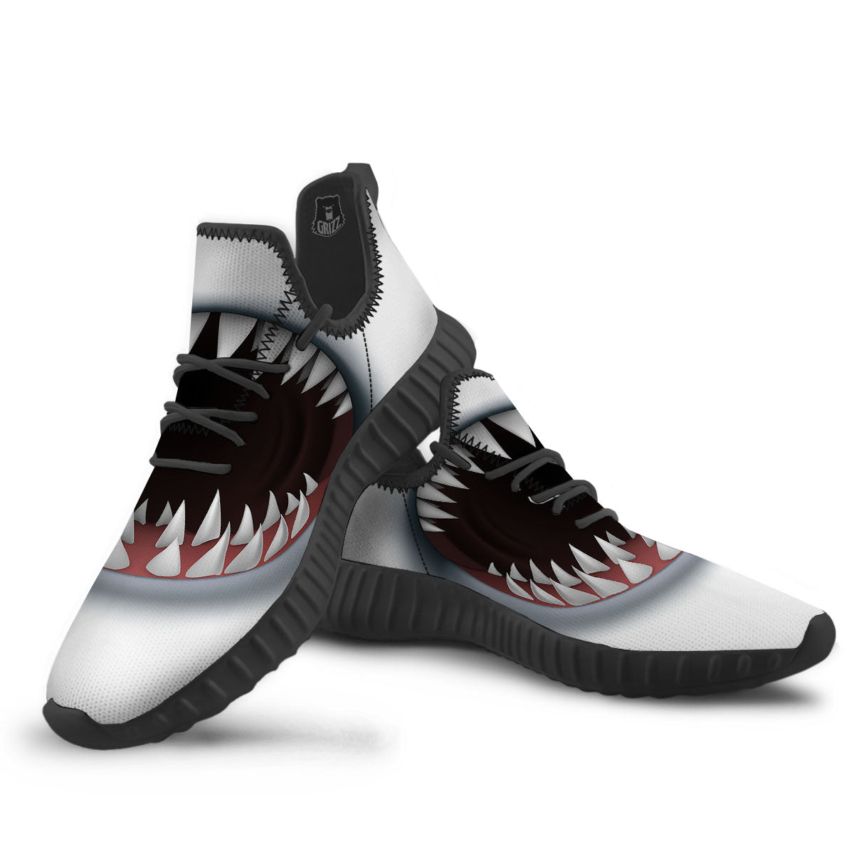 White Shark Open Mouth Print Black Walking Shoes-grizzshop