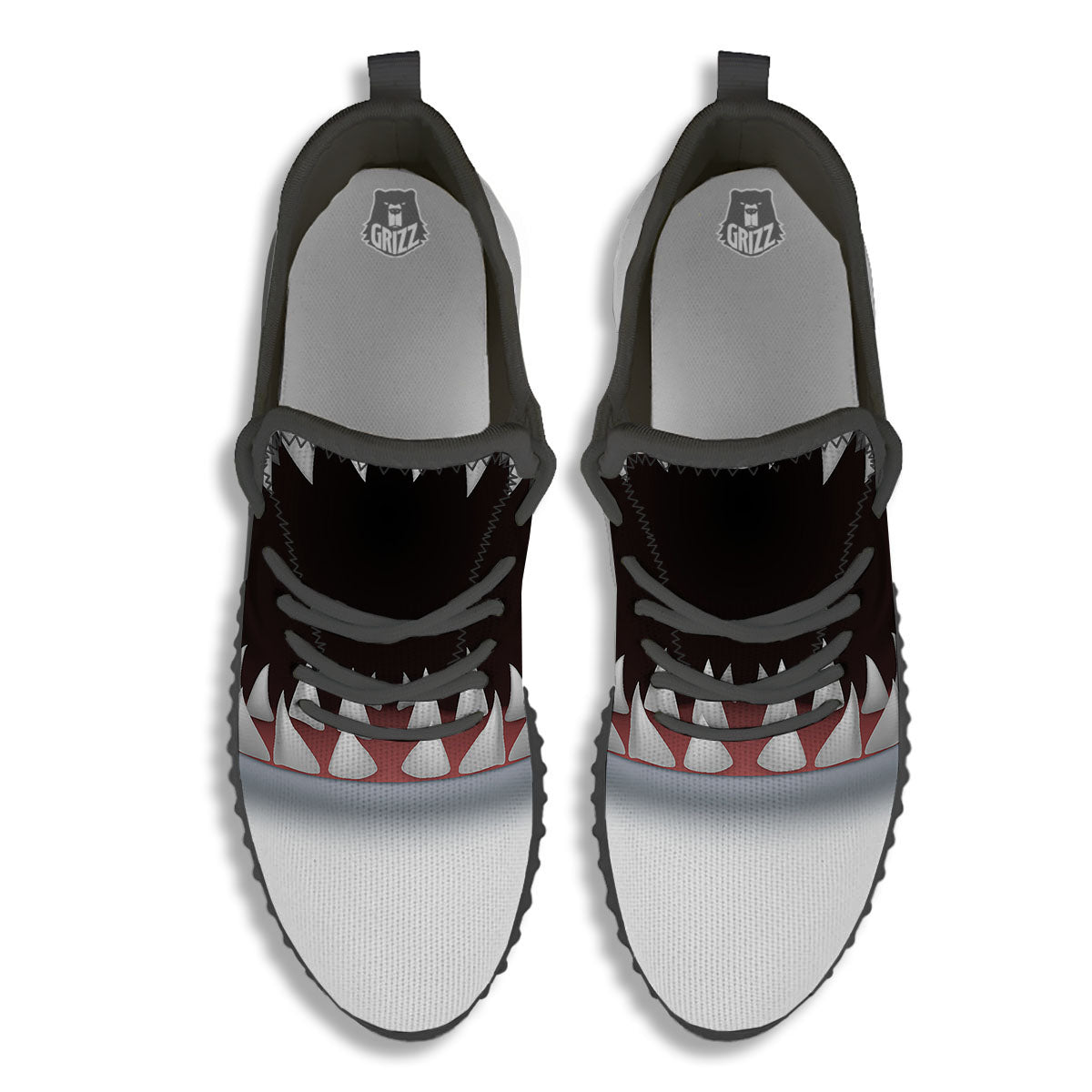 White Shark Open Mouth Print Black Walking Shoes-grizzshop