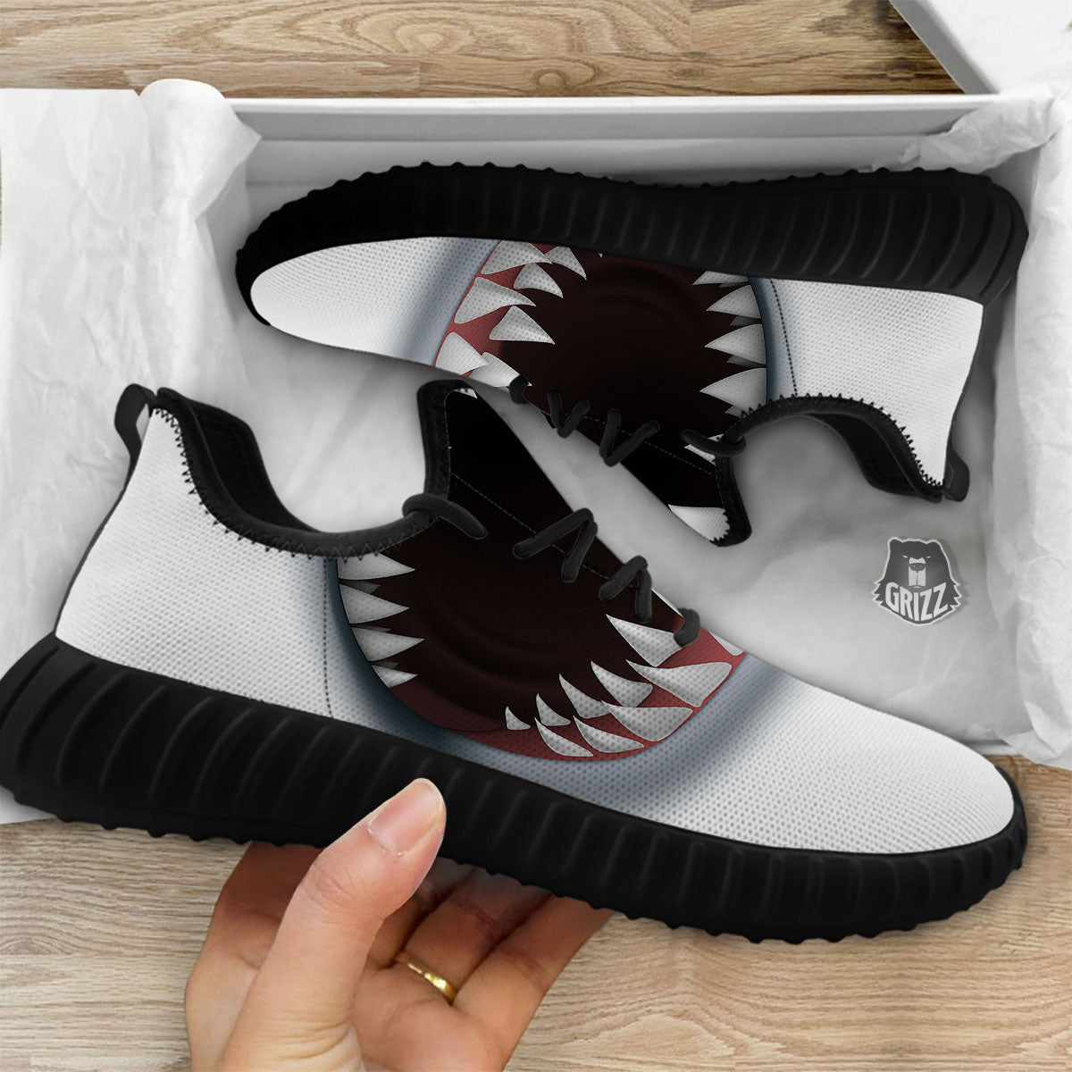 White Shark Open Mouth Print Black Walking Shoes-grizzshop