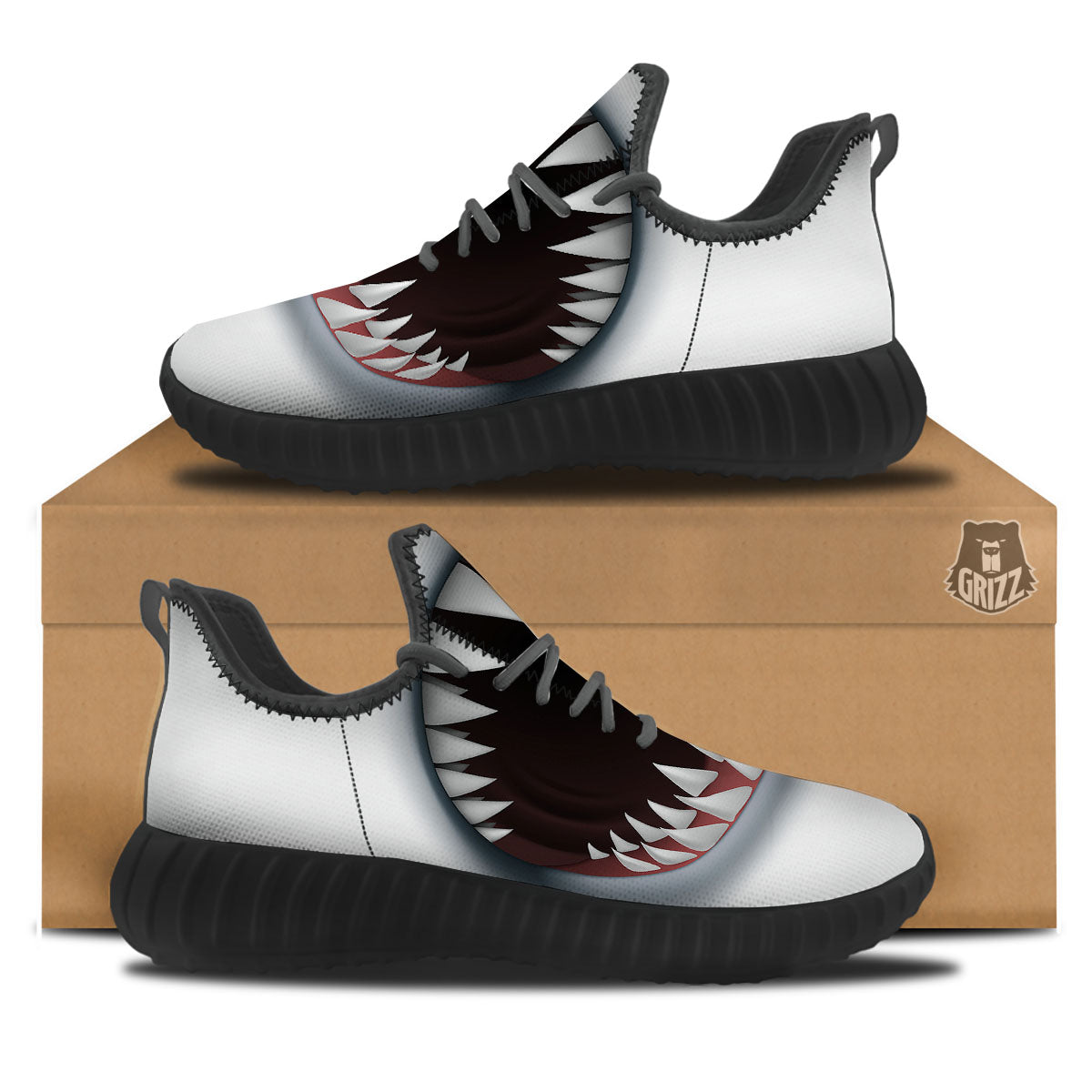 White Shark Open Mouth Print Black Walking Shoes-grizzshop