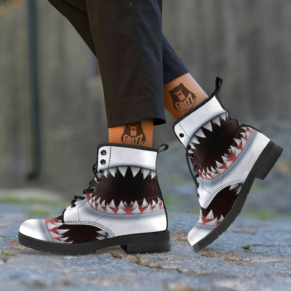 White Shark Open Mouth Print Leather Boots-grizzshop
