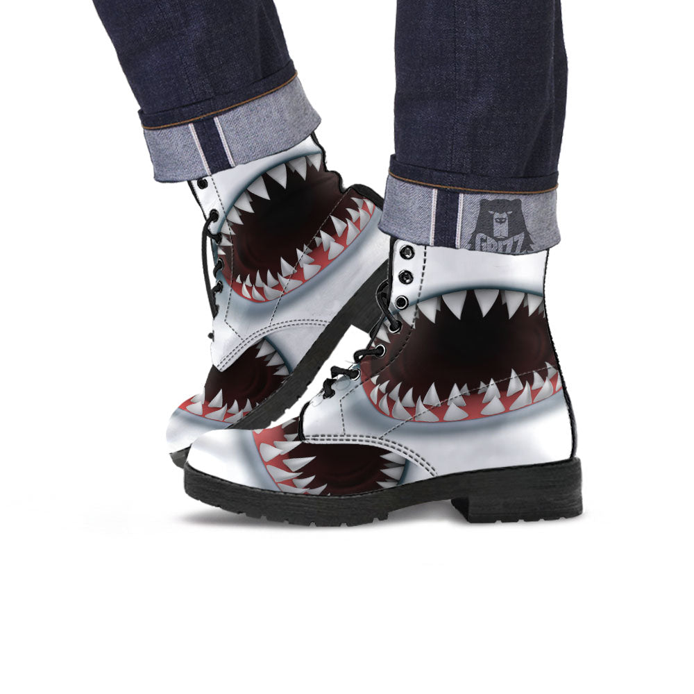 White Shark Open Mouth Print Leather Boots-grizzshop