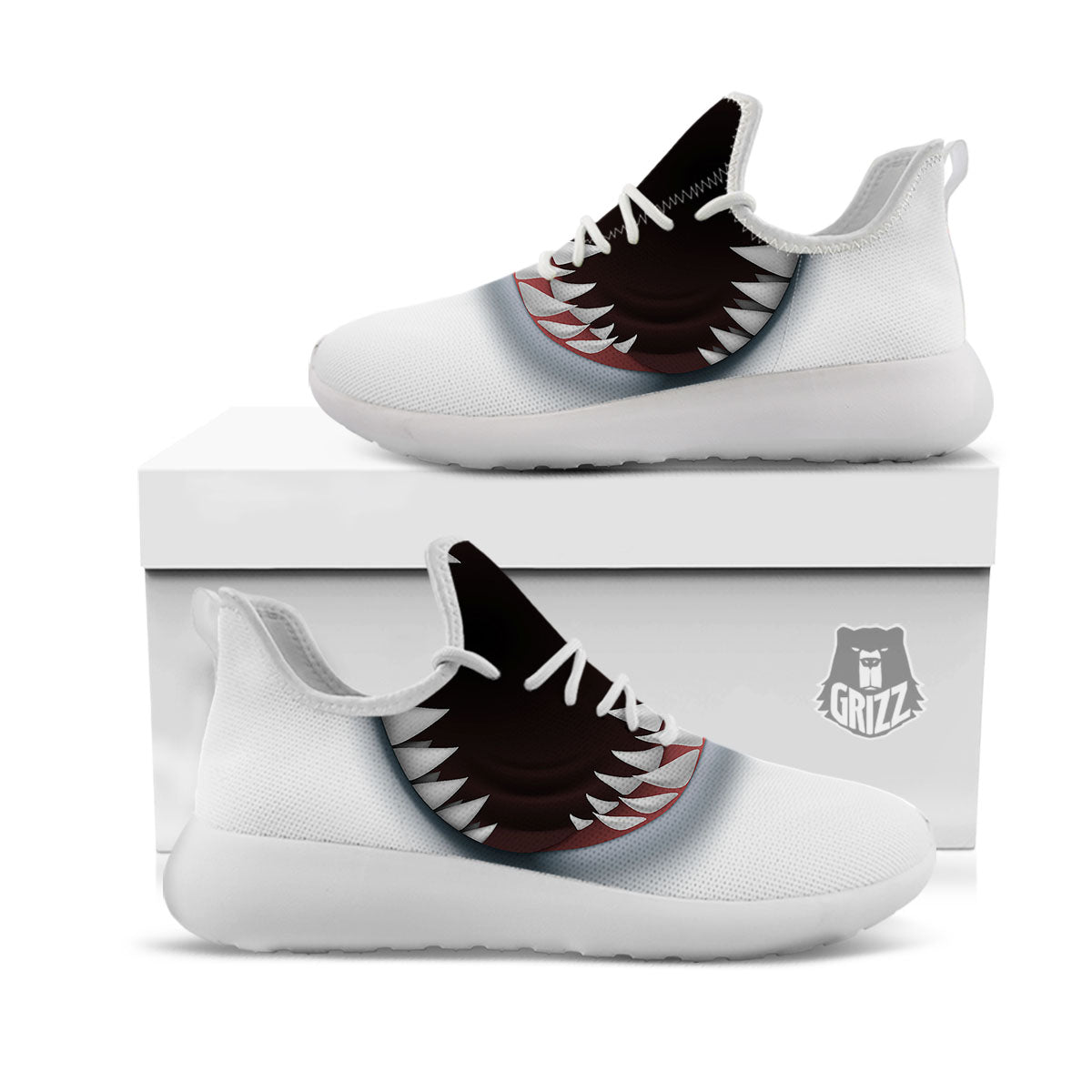 White Shark Open Mouth Print White Athletic Shoes-grizzshop